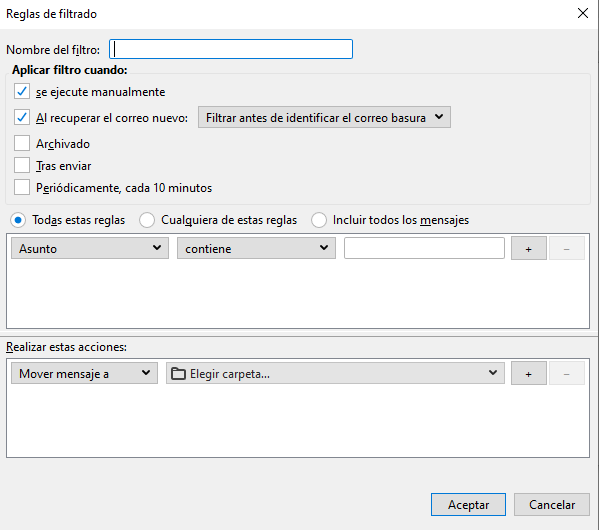 Como crear reglas de filtrado en thunderbird