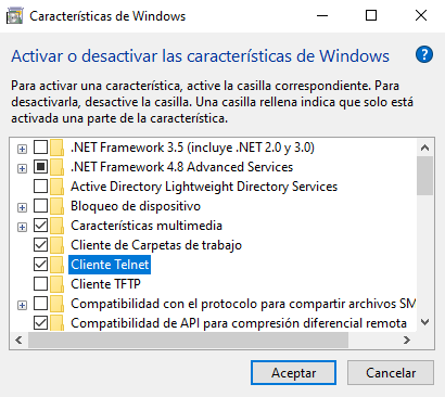 como activar telnet en windows