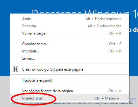 Inspeccionar elemento para descargar la ISO de windows 10