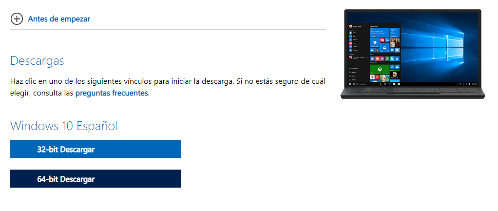 Comenzar a descargar windows 10